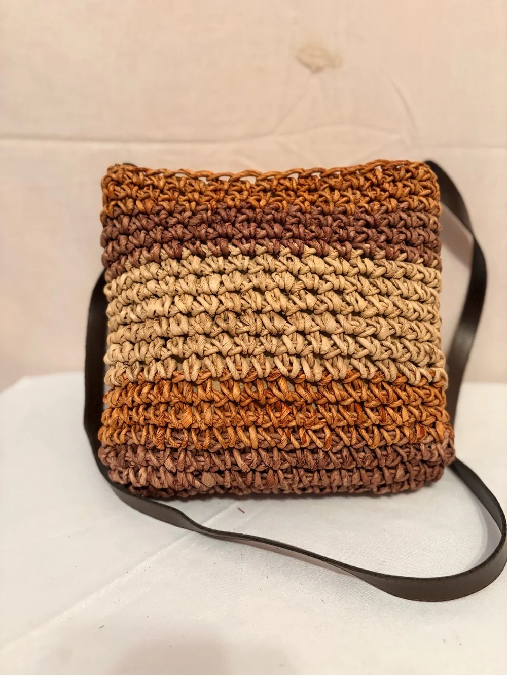 Woven Straw Raffia Crossbody Bag in Beige and Brown
